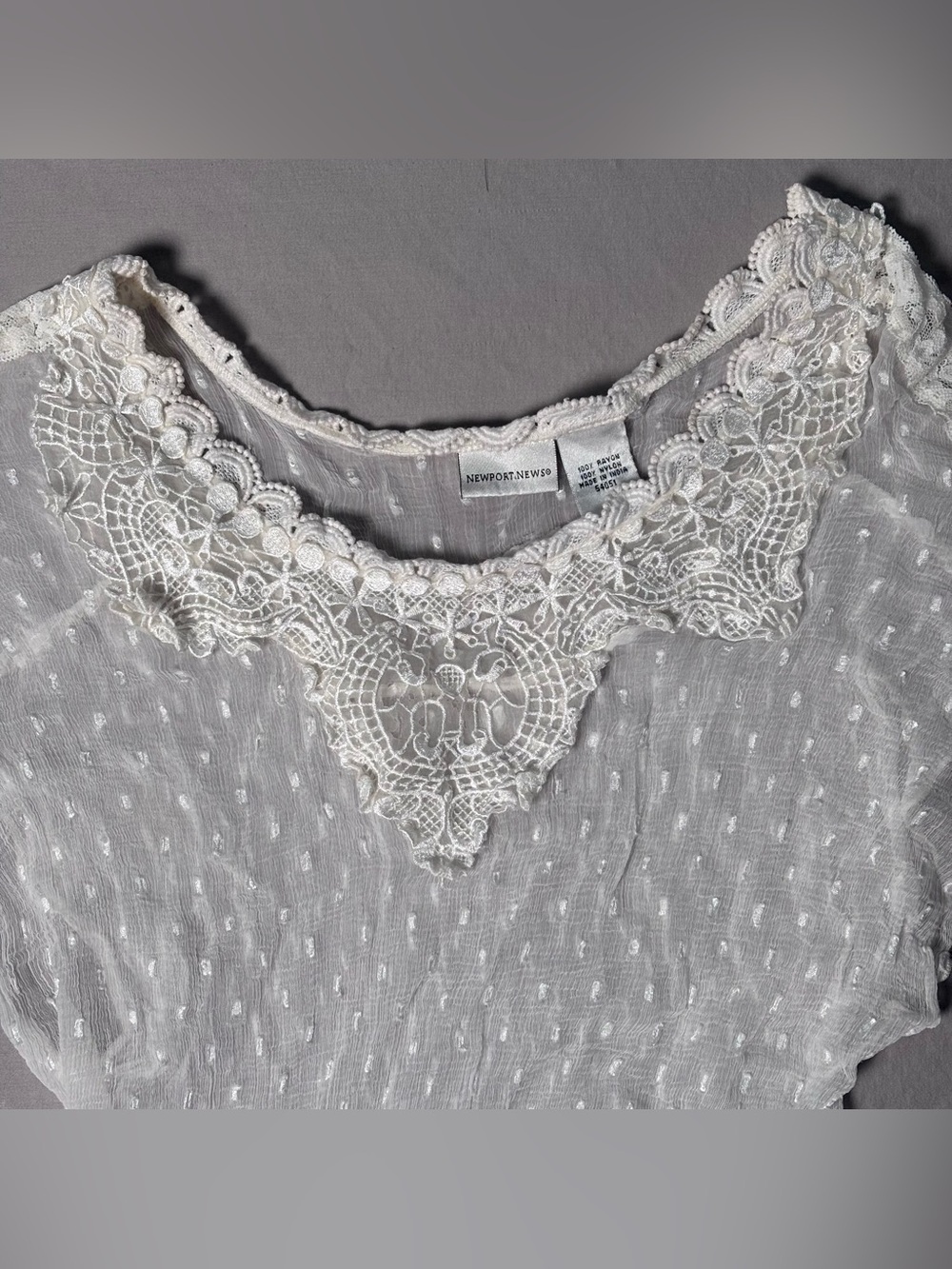 Newport News White Lace-Yoke Dot Sheer Blouse - Picture 3 of 11